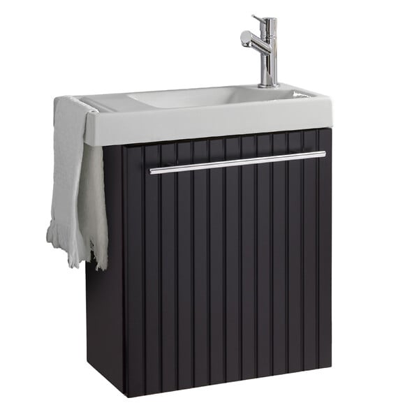 PLANETE BAIN - Pack lave-mains Noir mat strié avec porte serviette - Robinetterie eau froide à droite - L.48 X H. 52.5 cm - Houston - large