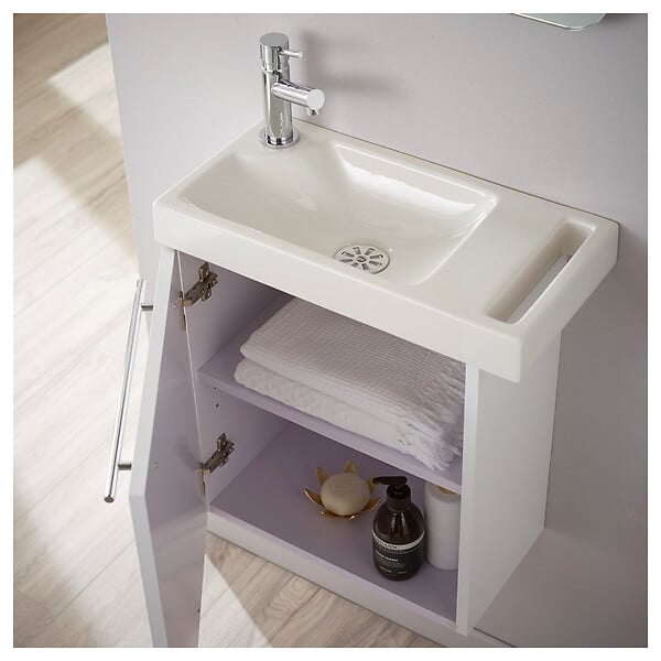 PLANETE BAIN - Meuble blanc brillant Solo avec lave-mains et porte serviette intégré pour Robinet à gauche - large