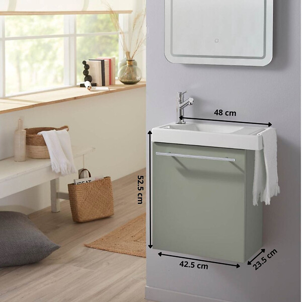 PLANETE BAIN - Meuble vert mat Solo avec lave-mains et porte serviette intégré pour Robinet à gauche - large