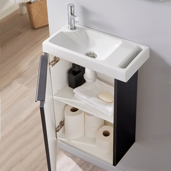 PLANETE BAIN - Meuble lave mains wc noir mat avec porte serviettes - l.48 X H. 72.5 cm - pour robinetterie à gauche - Austria - large