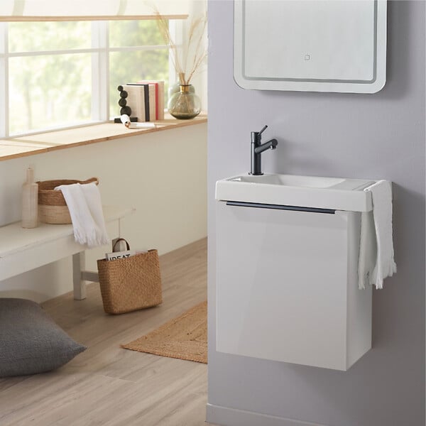 PLANETE BAIN - Meuble blanc brillant Solo avec lave-mains et porte serviette intégré pour Robinet à droite - poignée noire - large
