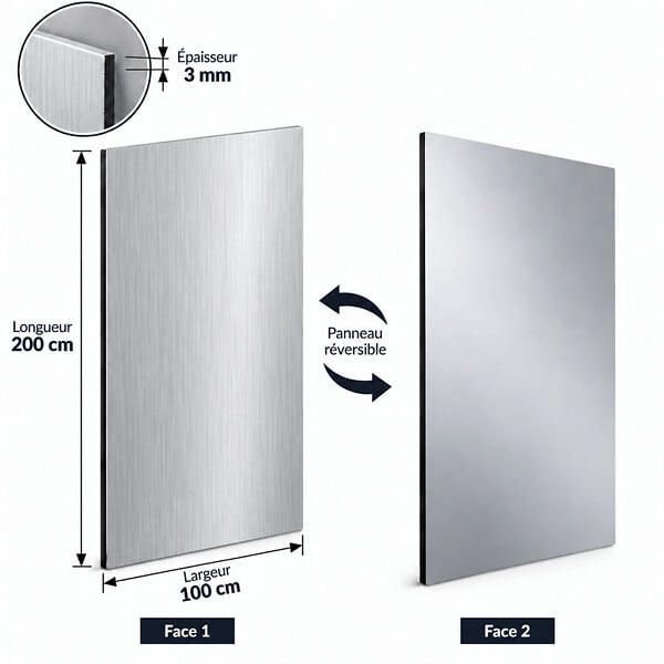 MCCOVER - Crédence réversible en aluminium brossé / aluminium brut- Aluminum brossé, ep.3 mm, l.100 cm, L.200 cm - large