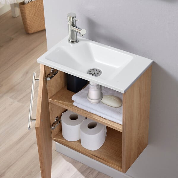 PLANETE BAIN - Meuble lave-mains pour wc finition chêne oak avec robinet eau froide - large