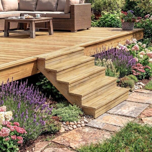 DIRECT-ABRIS - Escalier Bois Exterieur - 15 Marches Pleines - Largeur : 1m20 - Hauteur : 2m55 - Avec Contremarches - Pin du Nord - Traité Autoclave - large