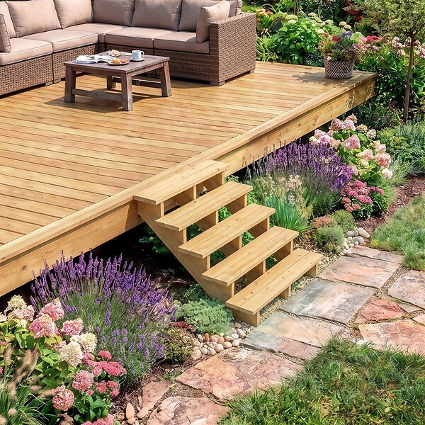 DIRECT-ABRIS - Escalier Bois Exterieur - 7 Marches - Largeur : 1m20 - Hauteur : 1m19 - Sans Contremarches - Pin du Nord - Traité Autoclave - large