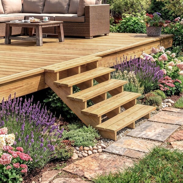 DIRECT-ABRIS - Escalier Bois Exterieur - 7 Marches - Largeur : 1m20 - Hauteur : 1m19 - Sans Contremarches - Pin du Nord - Traité Autoclave - large