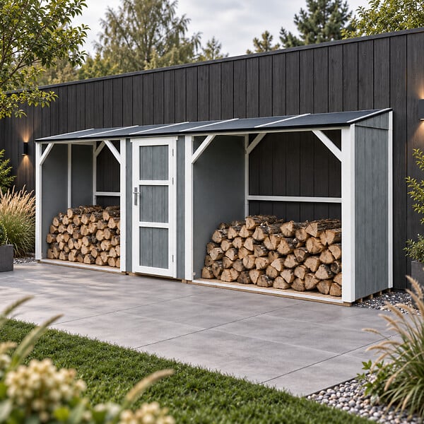 TIMBELA - Abri à bûches double avec remise - 556x120xH220 cm / 6,49 m² - Capacité ~8,8 m³ - TIMBELA M986-CAVERN STEEL - large