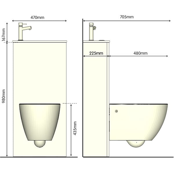 PLANETE BAIN - Pack WC suspendu avec lave-mains intégré + Cuvette gain de place sans bride corolla - large