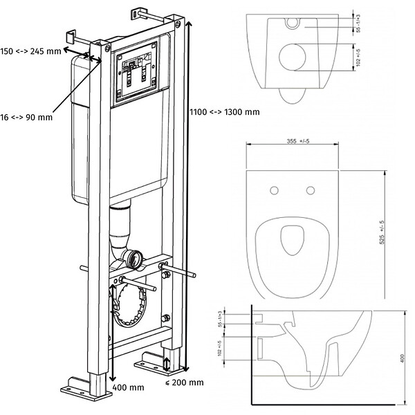 SIAMP - Pack WC Suspendu Bâti-support Universel Siamp avec Cuvette Sans Bride grise Knidos - large