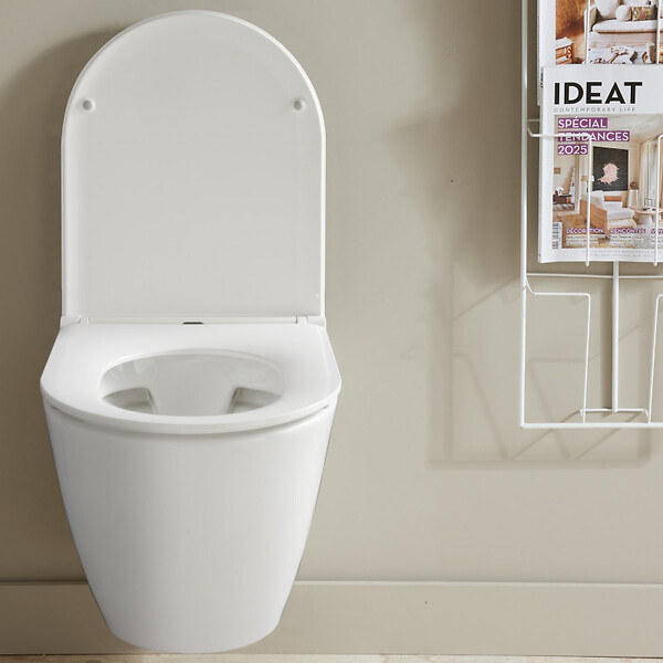 PLANETE BAIN - Cuvette WC suspendu sans bride semi carénée Samara, abattant slim frein de chute déclipsable - large