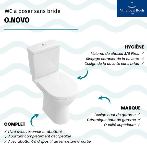 VILLEROY ET BOCH - WC à poser sortie verticale O.novo avec abattant frein de chute + nettoyant - large