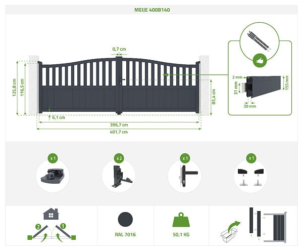 CASANOOV - Casanoov Portail battant 4 m MEIJE H.140  cm alu + portillon MEIJE H.140  cm GRIS - large
