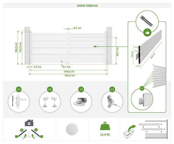 CASANOOV - Casanoov Portail battant 3,5 m EIGER H.140  cm alu blanc + portillon EIGER H140 BLANC - large