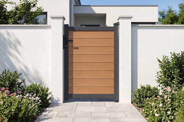 CASANOOV - Casanoov Portail bois composite battant 3,5m ATHOS H.140 cm teck avec cadre aluminium + portillon composite ATHOS 1m H.140 cm - large