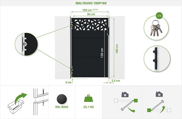 CASANOOV - Casanoov Portail battant NALI RUIVO 3 m H.160  cm + Portillon 1m H.160  cm Acier Noir mat - large