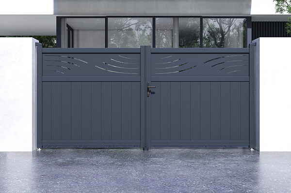 CASANOOV - Casanoov Portail battant 3,4 m HALTI H.160  cm alu + 2 poteaux EIFEL 15x15  cm H.190  cm GRIS - large