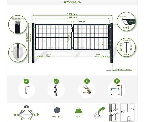 CASANOOV - Casanoov Portail battant grillagé 3 m RAZO H.100  cm + Portillon 1m RAZO H.100  cm Gris - large