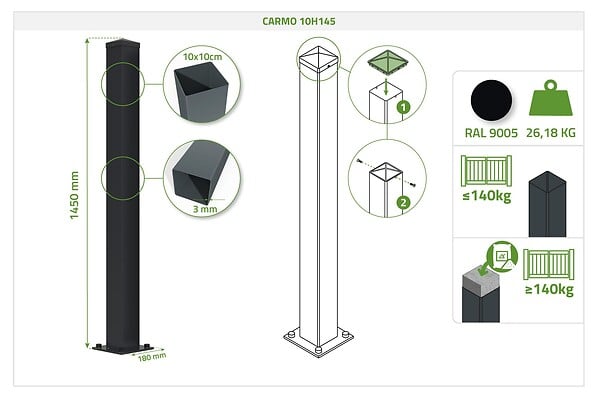 CASANOOV - Casanoov Portail battant acier noir mat 3 m NALI H.140  cm + 2 poteaux 10x10 acier CARMO - large
