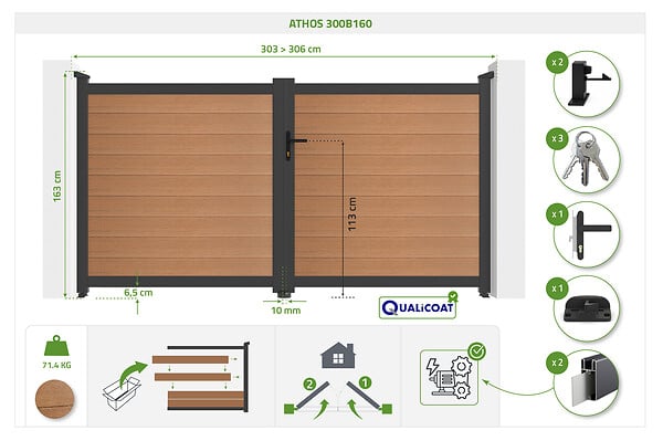 CASANOOV - Casanoov Portail bois composite battant 3m ATHOS H.160 cm teck avec cadre aluminium + motorisation RANGER B150 - large