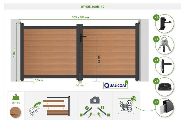 CASANOOV - Casanoov Portail bois composite battant 3m ATHOS H.140 cm teck avec cadre aluminium + portillon composite ATHOS 1m H.140 cm - large