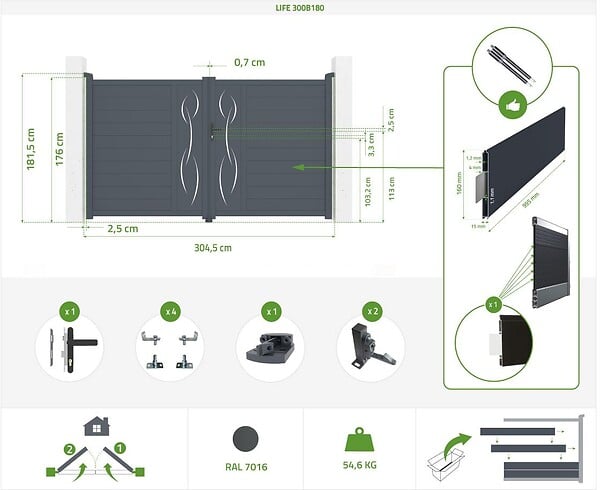 CASANOOV - Casanoov Portail battant motorisé 3 m LIFE H.180  cm + Motorisation RANGER B150 - large