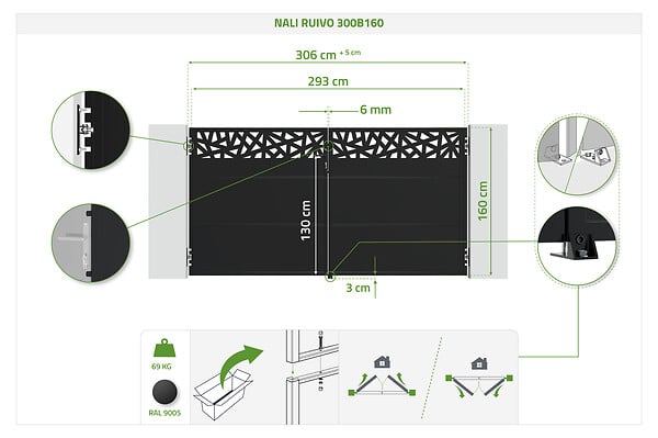CASANOOV - Casanoov Portail battant NALI RUIVO 3 m H.160  cm Acier Noir mat - large