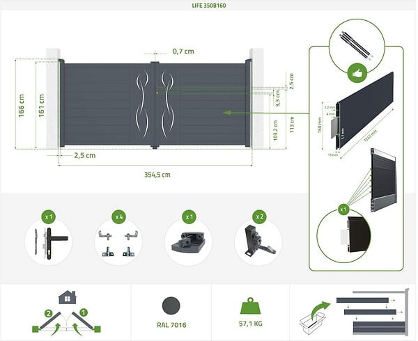 CASANOOV - Casanoov Portail battant 3,5 m LIFE H.160  cm + 2 poteaux H.190  cm aluminium gris - large