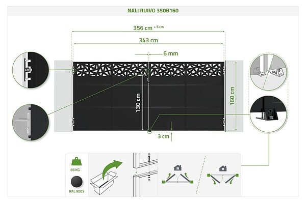 CASANOOV - Casanoov Portail battant acier noir mat 3,5 m NALI RUIVO H.160  cm + 2 poteaux 10x10 acier CARMO - large