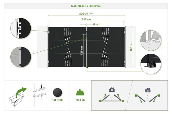 CASANOOV - Casanoov Portail battant acier noir mat 3m NALI VELETA H.160 cm + 2 poteaux 10x10 acier CARMO - large