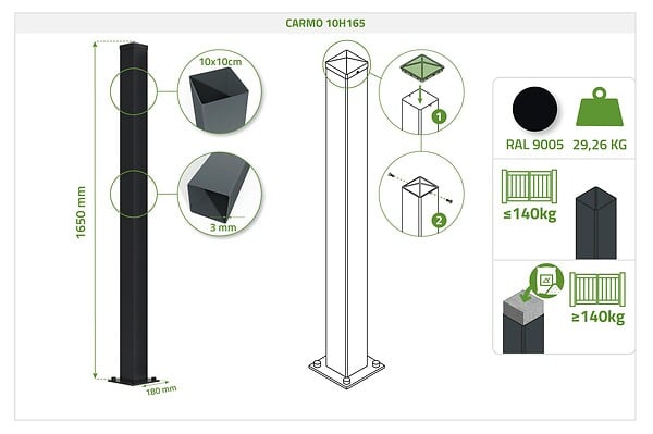 CASANOOV - Casanoov Portail battant acier noir mat 3m NALI VELETA H.160 cm + 2 poteaux 10x10 acier CARMO - large