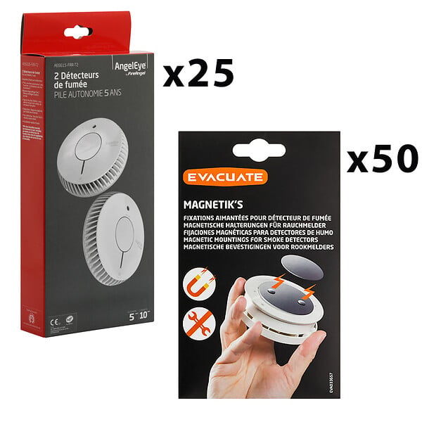 ANGELEYE - AngelEye Lot de 25 duos détecteurs de fumée NF auto 5ans + 50 supports aimantés - large
