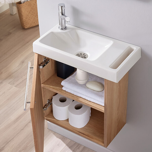 PLANETE BAIN - Meuble Lave-mains couleur chêne Oak bordolino + Lave-mains + Mitigeur eau chaude-eau froide - large