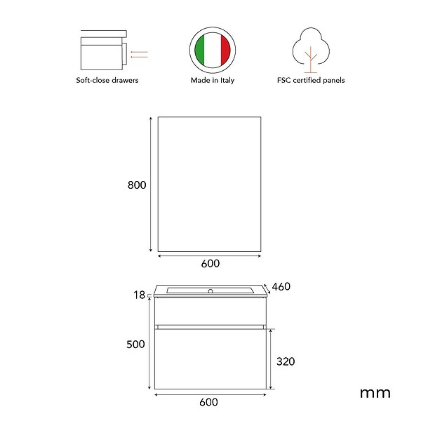 KIAMAMI VALENTINA - Meuble De Salle De Bains De 60 Cm Avec Tiroir, Miroir Et Lavabo En Chêne | Sole - large