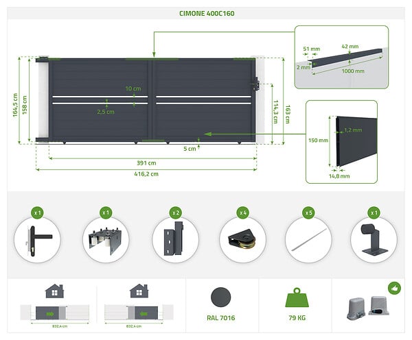CASANOOV - Casanoov Portail coulissant 4 m CIMONE H.160  cm alu + portillon CIMONE H.160  cm GRIS - large