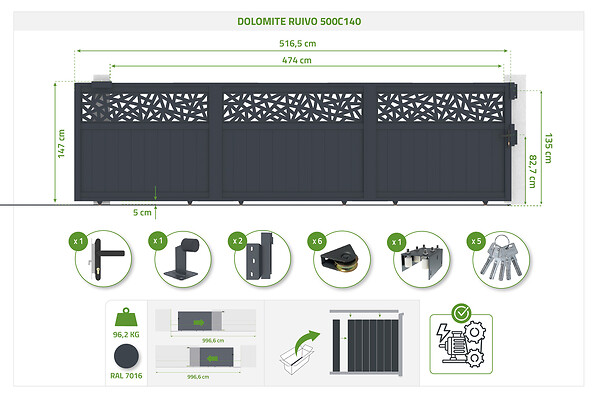 CASANOOV - Casanoov Portail coulissant 5 m DOLOMITE RUIVO H.140  cm aluminium gris + Portillon 1m DOLOMITE RUIVO H.140  cm aluminium gris - large