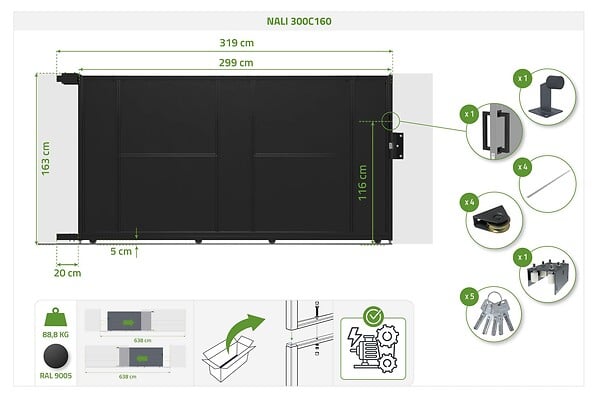 CASANOOV - Casanoov Portail coulissant acier 3 m NALI H.160  cm noir + Portillon H.160  cm noir - large