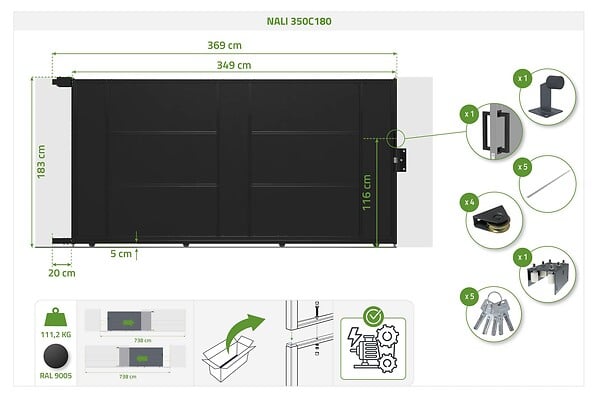 CASANOOV - Casanoov Portail coulissant acier 3,5 m NALI H.180  cm noir + 2 poteaux 15x15 acier noir CARMO - large