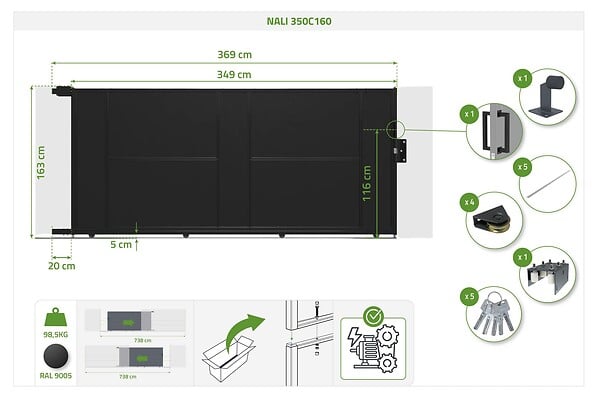 CASANOOV - Casanoov Portail coulissant acier 3,5 m NALI H.160  cm noir + Portillon H.160  cm noir - large