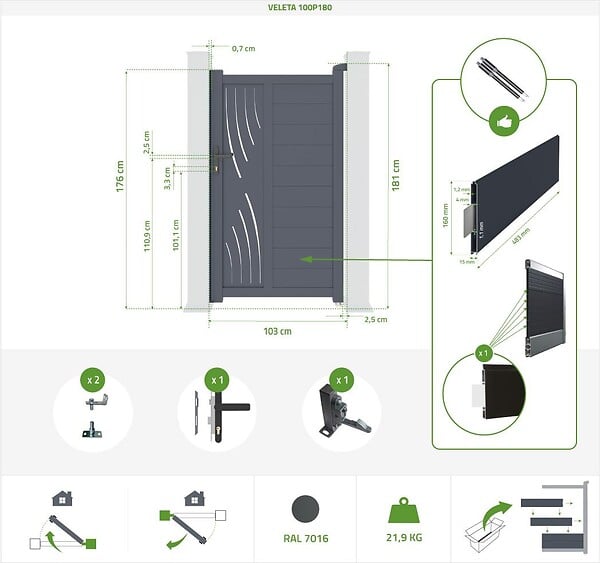CASANOOV - Casanoov Portail coulissant 3 m VELETA H.180  cm + Portillon 1m VELETA H.180  cm aluminium gris - large