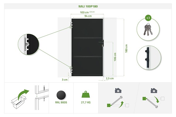 CASANOOV - Casanoov Portail coulissant acier 3 m NALI H.180  cm noir + Portillon H.180  cm noir - large