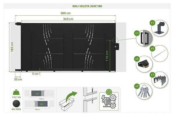CASANOOV - Casanoov Portail coulissant acier 3,5 m NALI VELETA H.180  cm noir + Portillon H.180  cm noir - large