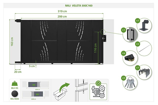 CASANOOV - Casanoov Portail coulissant acier 3 m NALI VELETA H.160  cm noir + moteur C600 - large