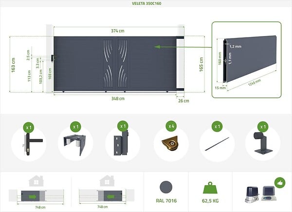 CASANOOV - Casanoov Portail coulissant 3,5 m VELETA H.160  cm + Portillon 1m VELETA H.160  cm aluminium gris - large