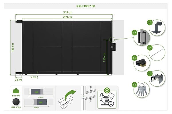 CASANOOV - Casanoov Portail coulissant acier 3 m NALI H.180  cm noir + moteur RANGER C300 - large