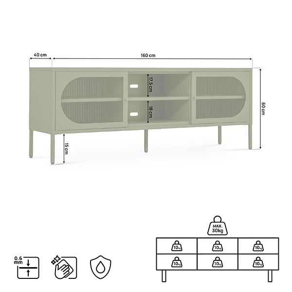 SICAAN - Sicaan Meuble TV Industriel en métal Vert Olive 160 cm 2 Portes en Verre cannelé - Come - large