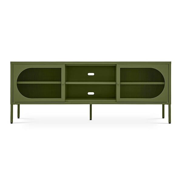 SICAAN - Sicaan Meuble TV Industriel en métal Vert Olive 160 cm 2 Portes en Verre cannelé - Come - large
