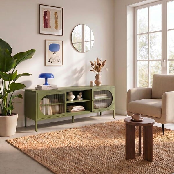 SICAAN - Sicaan Meuble TV Industriel en métal Vert Olive 160 cm 2 Portes en Verre cannelé - Come - large