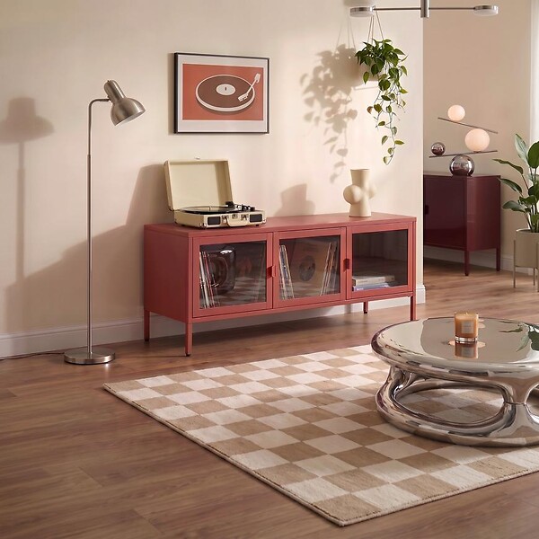 SICAAN - Sicaan Meuble TV Industriel en métal 130 cm 3 Portes, Terracotta et Verre trempé Ezra - large