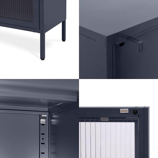 SICAAN - Sicaan Meuble TV Industriel en métal Bleu Nuit 105 cm 3 Portes en Verre trempé - Caleb - large