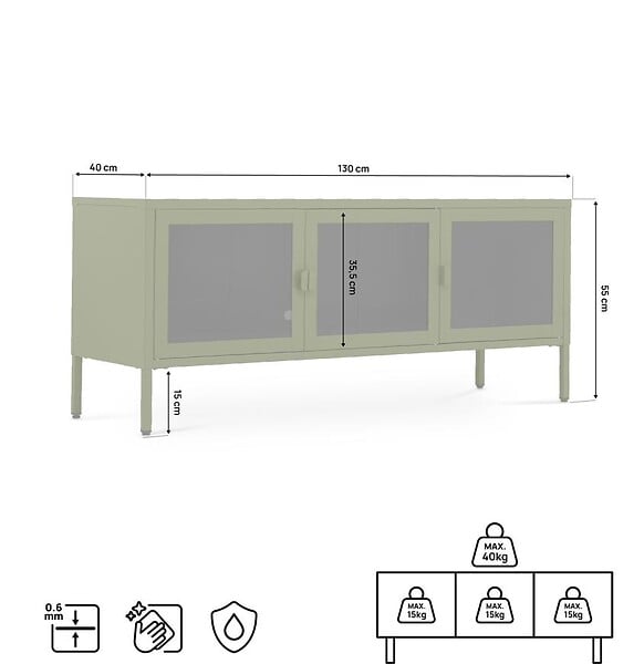 SICAAN - Sicaan Meuble TV Industriel en métal 130 cm 3 Portes, Vert Olive et Verre trempé Ezra - large